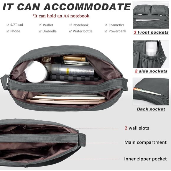 Women Grey-l Nylon Water Resistant Anti Theft Travel Crossbody Shoulder Bag - Picture 4 of 7